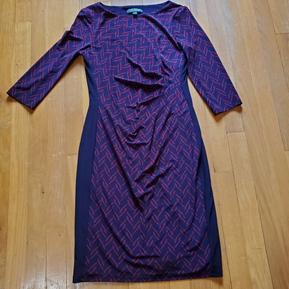 Lauren Ralph Lauren Navy Blue & Red Ruched Sheath Dress